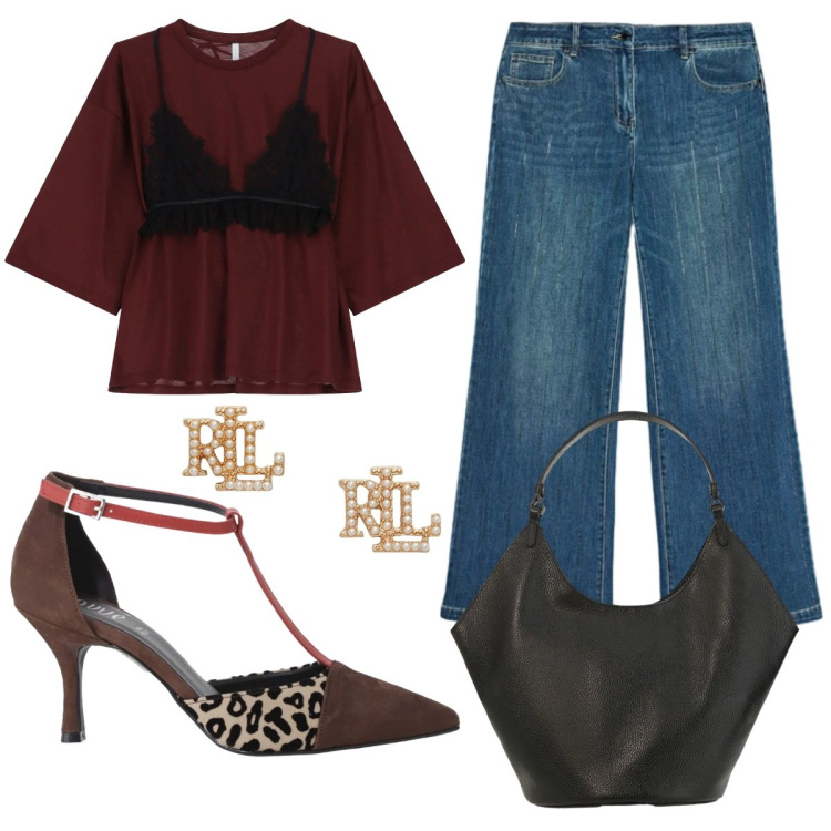 Outfit donna - Al lavoro con glamour. Stile Glamour per Ufficio. Abbinamento con t-shirt, jeans dritti, décolleté, borse a spalla, orecchini.