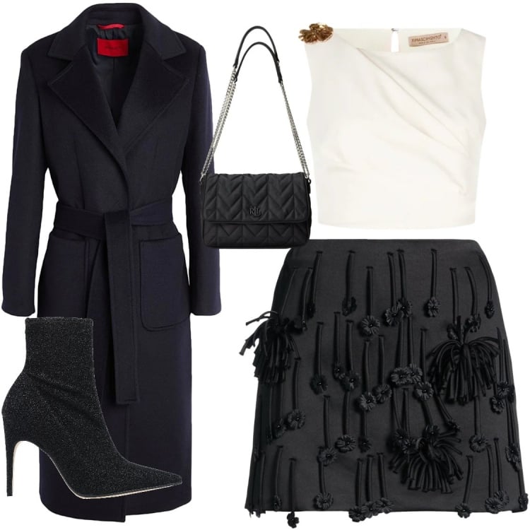 Outfit donna - Stasera voglia di ballare. Stile Glamour per Serata fuori. look ideale per Petite. Abbinamento con stivaletti, minigonne, cappotti, top, borse a tracolla.