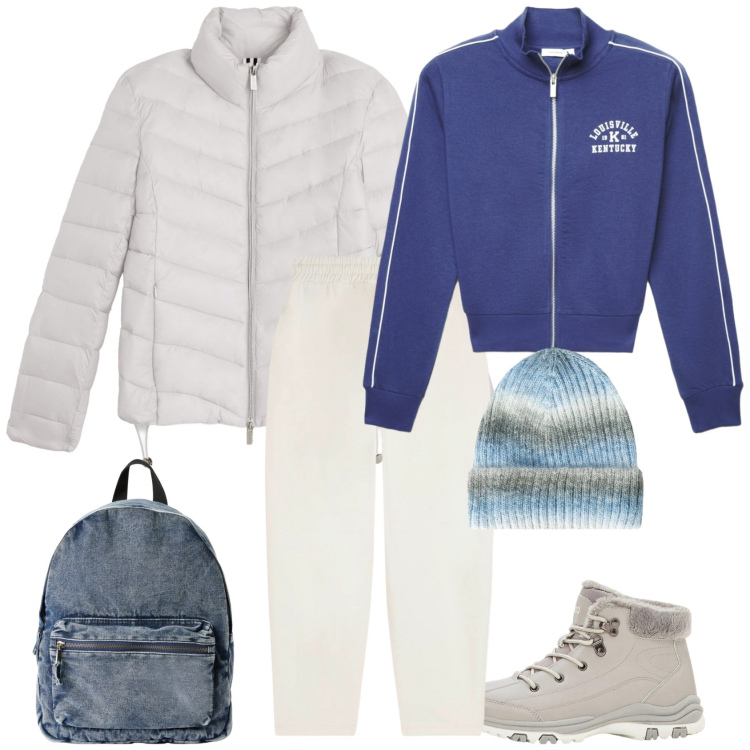 Outfit donna - Alle Olimpiadi. Stile Casual per Sport. Abbinamento con stivaletti, zaini, berretti, felpe, piumini, pantaloni.