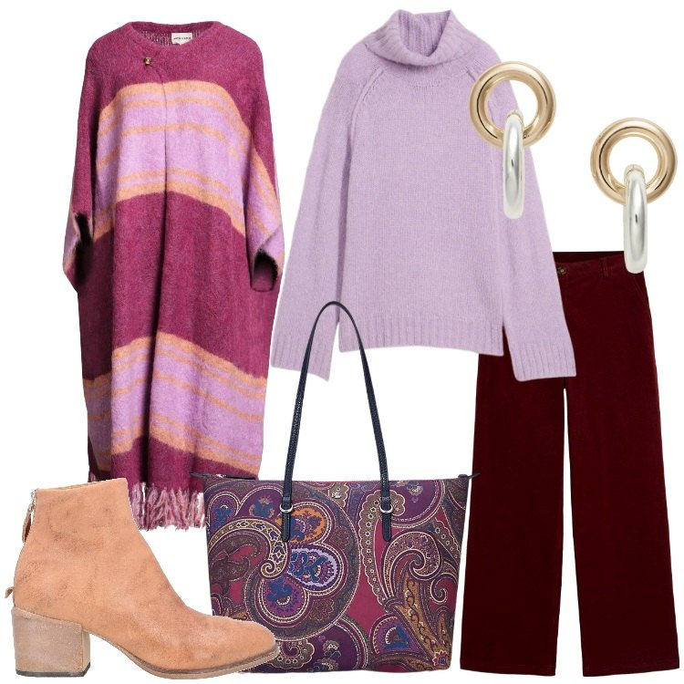 Outfit donna - Tessuti morbidi che valorizzano Curvy. Stile Etnico per Tutti i giorni. Abbinamento con cappe, stivaletti, pantaloni, maglieria, borse tote, orecchini.