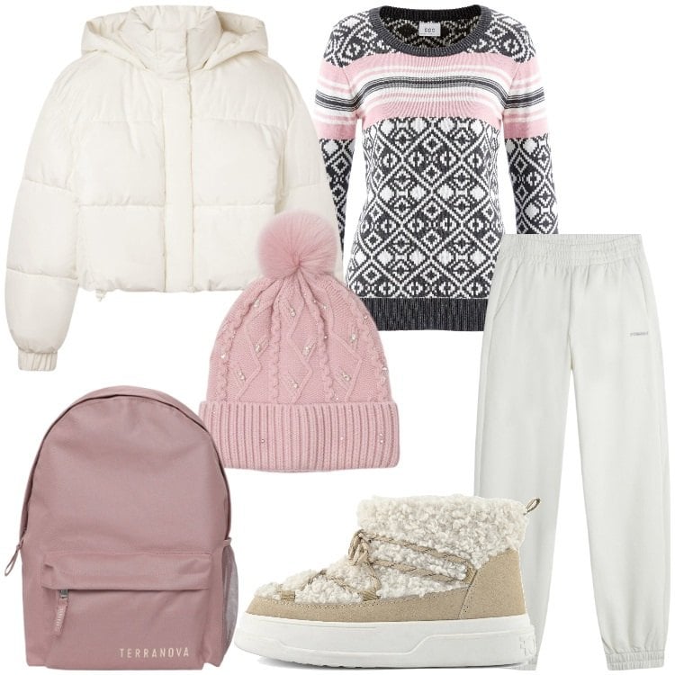 Outfit donna - Settimana bianca - @antonellal. Stile Casual per Tutti i giorni. Abbinamento con maglieria, zaini, bomber, berretti, pantaloni, stivaletti.