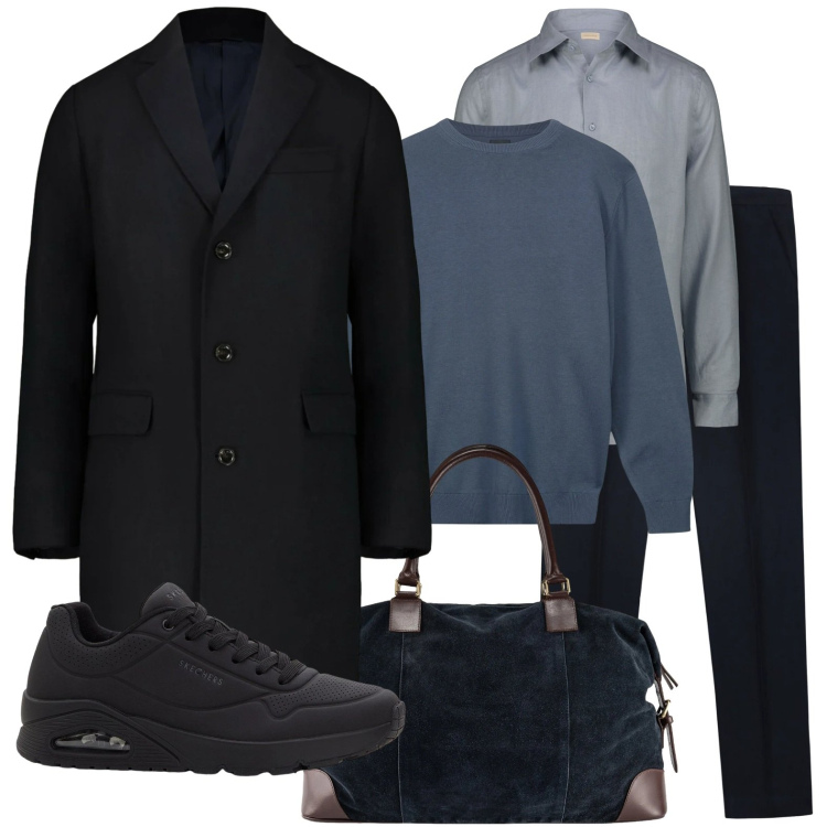 Outfit uomo - In viaggio. Stile Casual per Tutti i giorni. Abbinamento con sneakers, maglieria, borse sportive, camicie, pantaloni, cappotti.