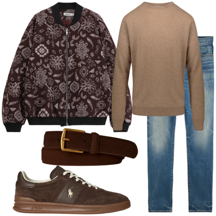 Outfit uomo - Bomber tessuto fantasia. Stile Trendy per Tutti i giorni. Abbinamento con bomber, sneakers, cinture, jeans, maglieria.
