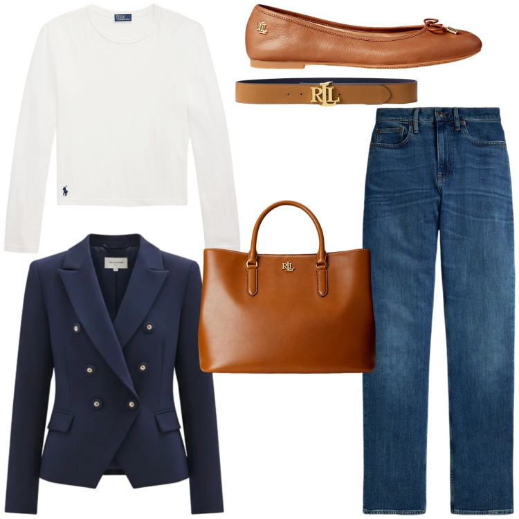 Outfit donna - Workwear. Stile Casual chic per Ufficio. Abbinamento con blazer, borse a mano, ballerine, t-shirt, jeans dritti, cinture.