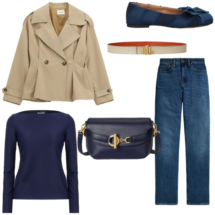 Outfit donna - Elevated casual workwear. Stile Casual chic per Ufficio. Abbinamento con ballerine, top, blazer, borse a tracolla, jeans dritti, cinture.