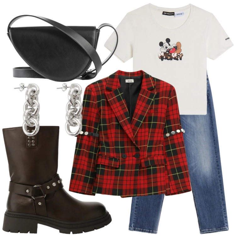 Outfit donna - London style. Stile Urban per Tutti i giorni. Abbinamento con borse a tracolla, stivali, blazer, orecchini, t-shirt, jeans.