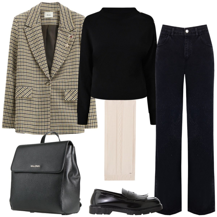 Outfit donna - Total look #2338763. Stile Mannish per Ufficio. Abbinamento con zaini, blazer, mocassini, sciarpe, jeans dritti, maglieria.