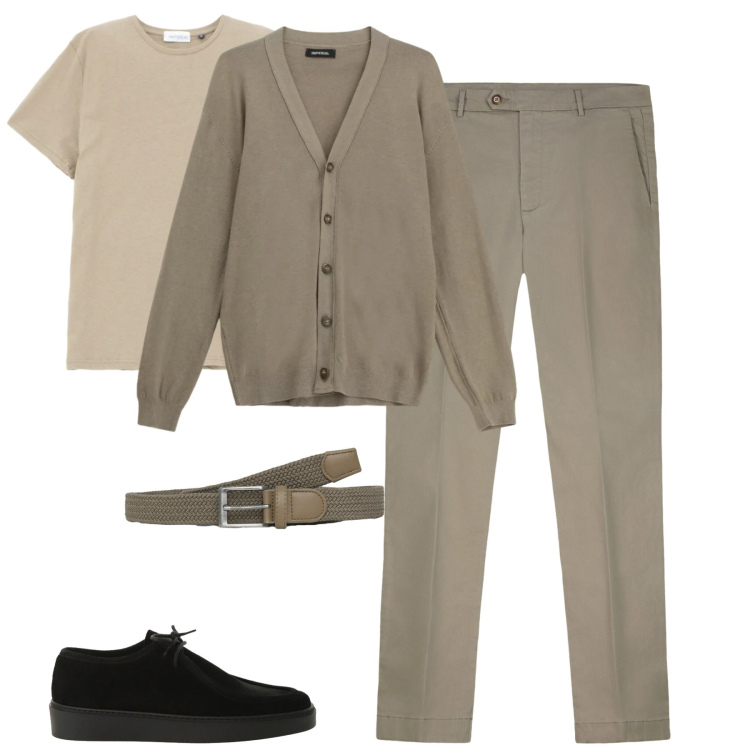 Outfit uomo - Total look. Stile Urban per Tutti i giorni. Abbinamento con cardigans, scarpe stringate, t-shirt, cinture, pantaloni chino.