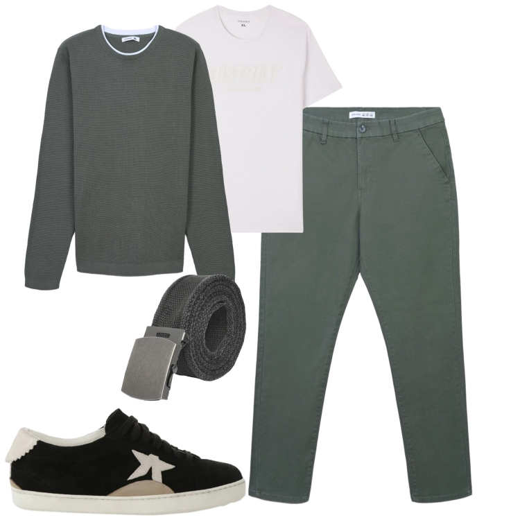 Outfit uomo - Metropolitan con i chino versatili. Stile Urban per Tutti i giorni. Abbinamento con sneakers, cinture, pantaloni chino, maglieria, t-shirt.