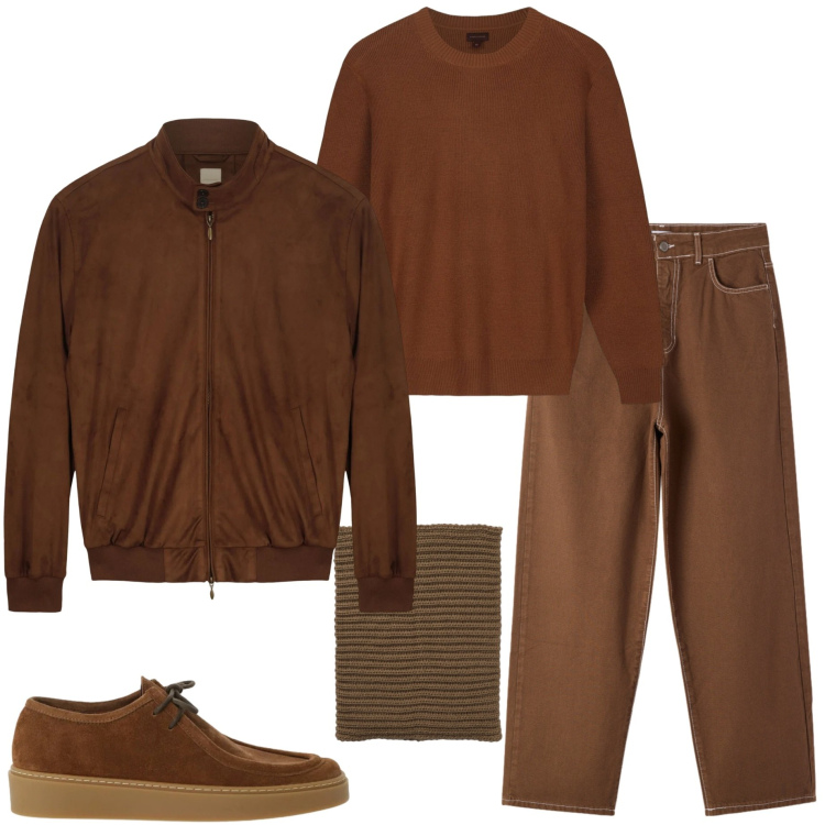 Outfit uomo - Total look. Stile Urban per Tutti i giorni. Abbinamento con scarpe stringate, scaldacollo, pantaloni, giacche, maglieria.