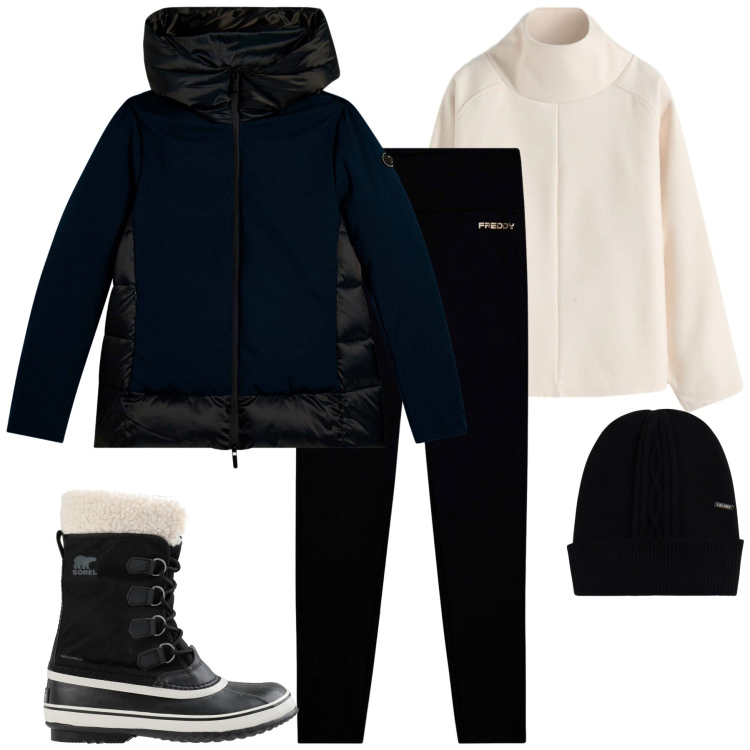 Outfit donna - Settimana bianca. Stile Casual chic per Tutti i giorni. Abbinamento con stivali da neve, maglieria, piumini, leggings, berretti.