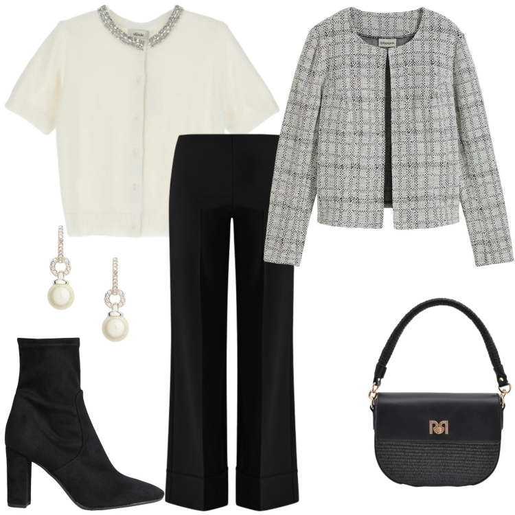 Outfit donna - Eleganza comoda. Stile Casual chic per Serata fuori. Abbinamento con cardigans, stivaletti, cardigans, pantaloni a palazzo, borse a spalla, orecchini.