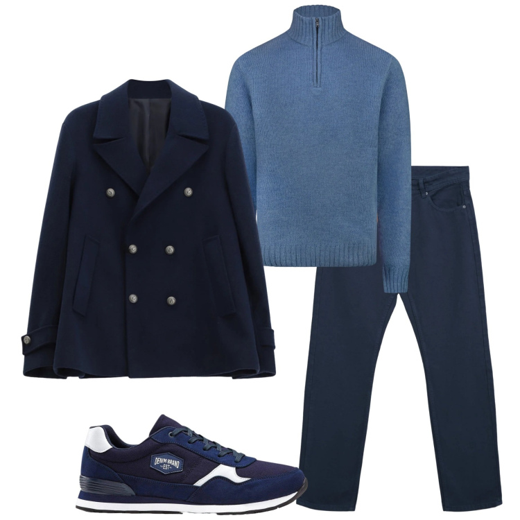 Outfit uomo - Stile metropolitano. Stile Urban per Ufficio. Abbinamento con sneakers, cappotti, jeans dritti, maglieria.