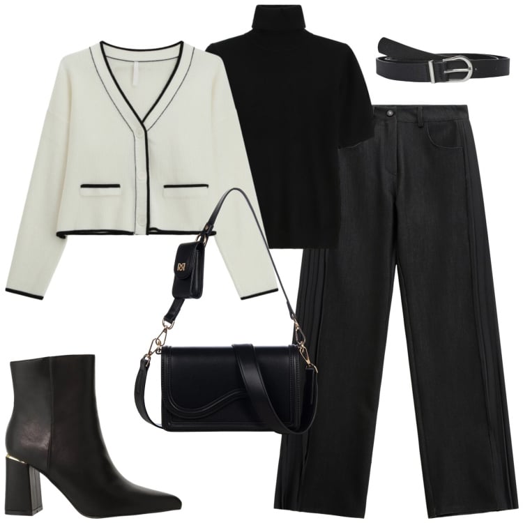 Outfit donna - Jeans in ufficio. Stile Casual chic per Ufficio. Abbinamento con cardigans, jeans, maglieria, stivaletti, pochette, cinture.