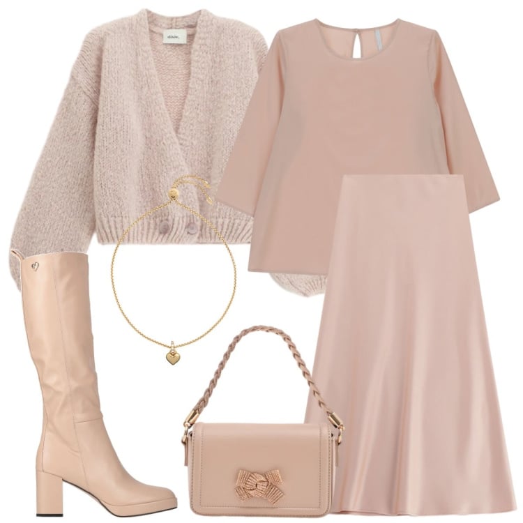 Outfit donna - Total look #2338780. Stile Romantica per Tutti i giorni. Abbinamento con stivali, gonne lunghe, top, cardigans, pochette, braccialetti.