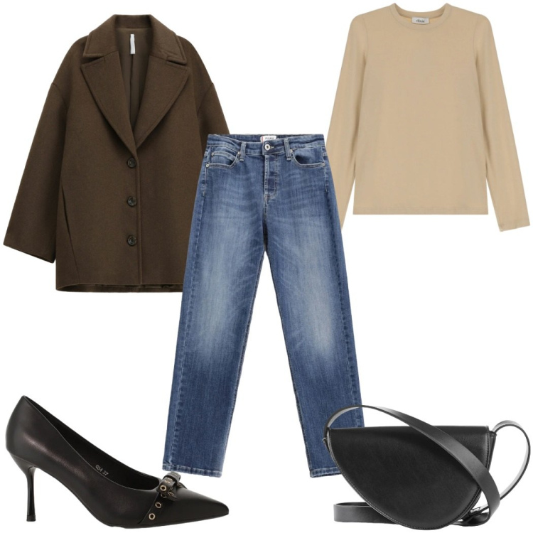 Outfit donna - Jeans in ufficio: casual. Stile Casual per Ufficio. Abbinamento con borse a tracolla, cappotti, décolleté, t-shirt, jeans.