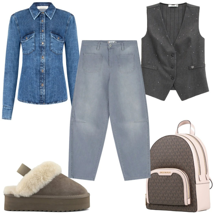 Outfit donna - Jeans in ufficio: la camicia. Stile Trendy per Ufficio. Abbinamento con zaini, gilet, jeans, camicie, sabot.