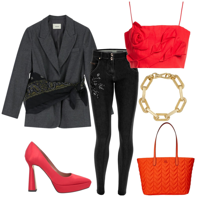 Outfit donna - Total look #2338787. Stile Glamour per Serata fuori. Abbinamento con décolleté, top, blazer, jeans skinny, braccialetti, borse tote.