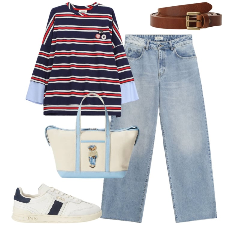 Outfit donna - Spring. Stile Casual per Tutti i giorni. Abbinamento con felpe, jeans dritti, cinture, sneakers, borse tote.