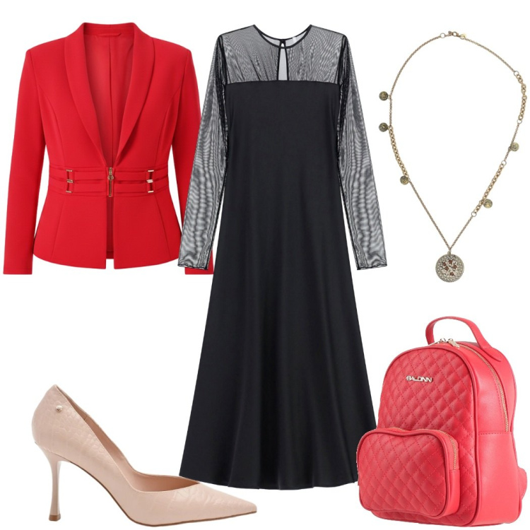 Outfit donna - Romantic, but make it Glam tutti i giorni. Stile Glamour per Tutti i giorni. Abbinamento con zaini, vestiti lunghi, ciondoli, décolleté, blazer.