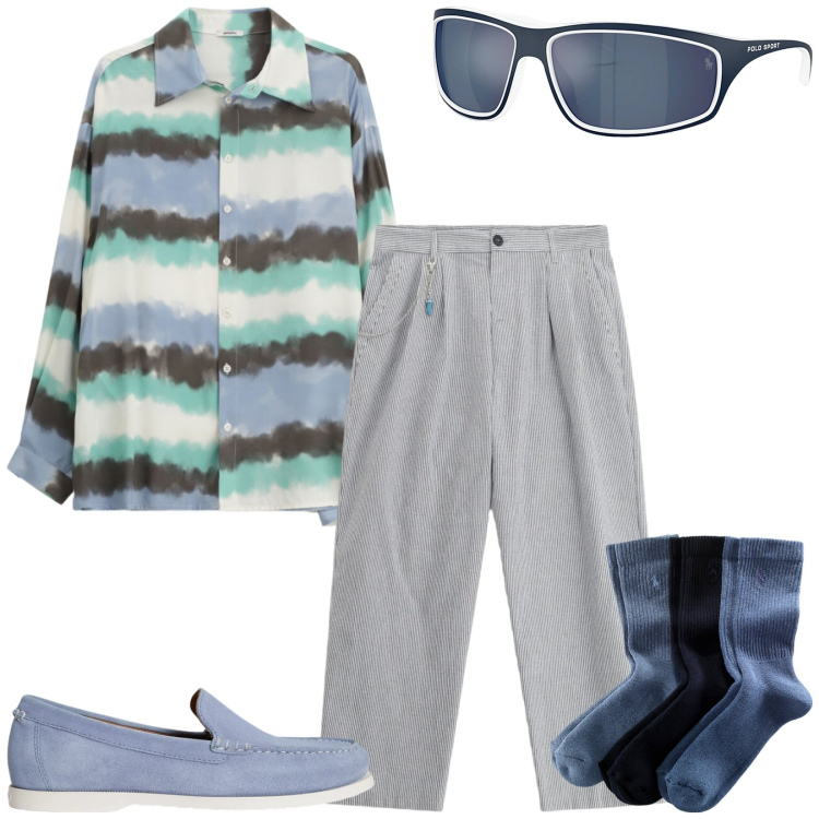 Outfit uomo - Total look #2338790. Stile Trendy per Serata speciale. Abbinamento con pantaloni, camicie, calzini, scarpe stringate, occhiali da sole.