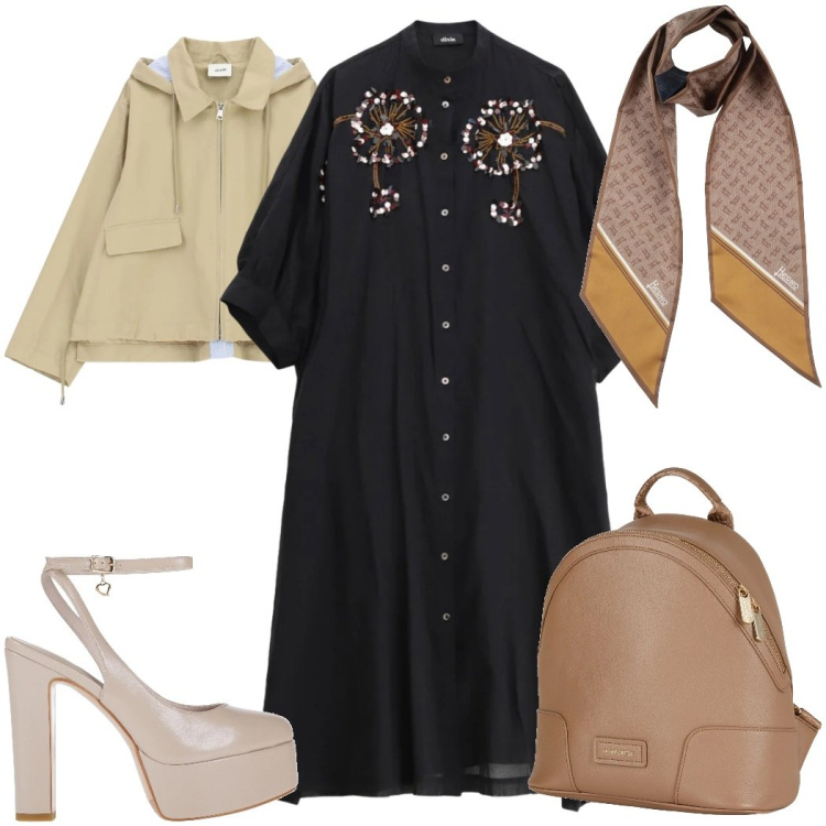 Outfit donna - Romantic, but make it Glam mezza stagion. Stile Glamour per Tutti i giorni. Abbinamento con zaini, sciarpe, décolleté, vestiti midi/longuette, parka.