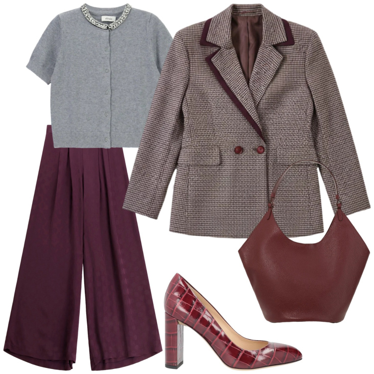 Outfit donna - Bordo. Stile Chic per Ufficio. Abbinamento con décolleté, borse a spalla, cardigans, pantaloni a palazzo, blazer.