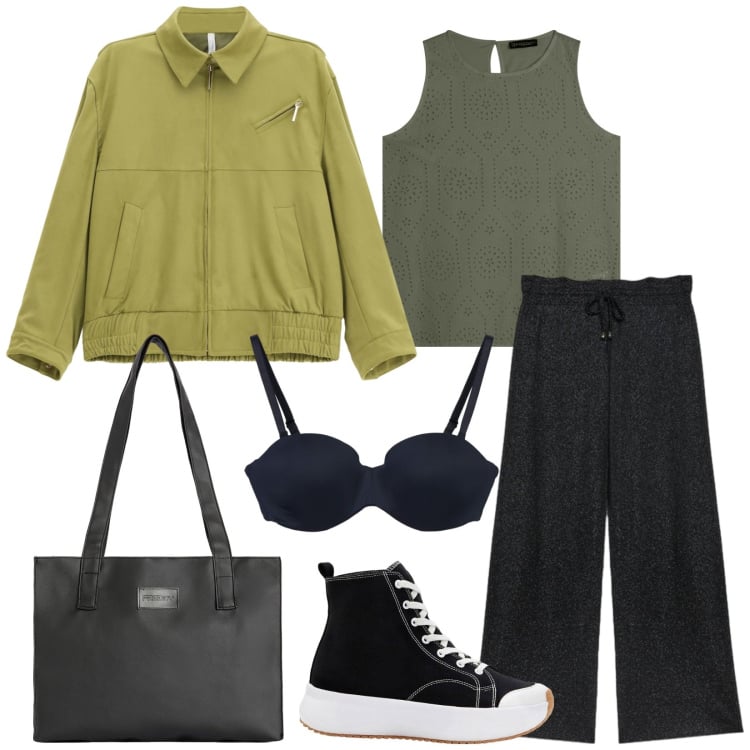 Outfit donna - Total look #2338803. Stile Sporty chic per Tutti i giorni. Abbinamento con sneakers alte, blazer, reggiseni, shopping bag, canottiere, pantaloni.
