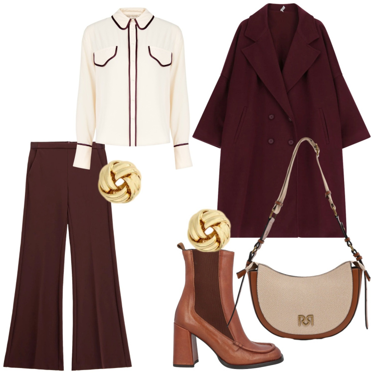 Outfit donna - Look bordo. per Tutti i giorni. Abbinamento con stivaletti chelsea, pantaloni, cappotti, borse a tracolla, camicie, orecchini.