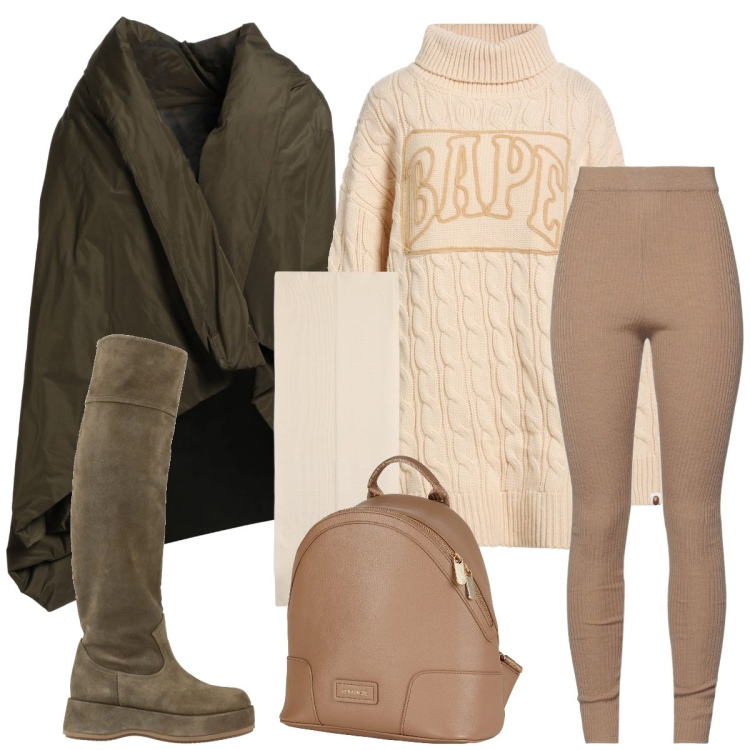 Outfit donna - Total look #2338806. Stile Sporty chic per Tutti i giorni. Abbinamento con leggings, stivali, zaini, maglieria, cappe, sciarpe.