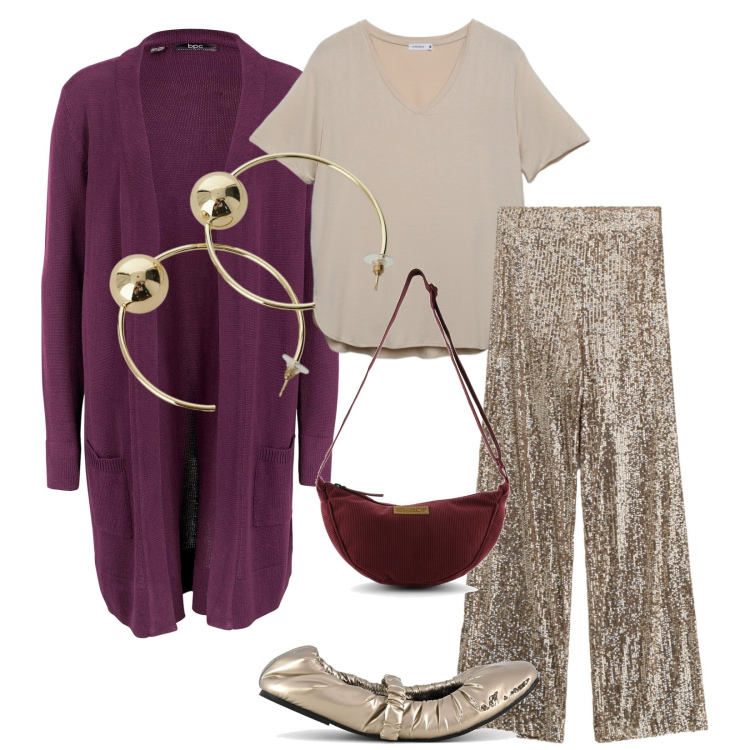 Outfit donna - Total look #2338807. Stile Casual per Tutti i giorni. Abbinamento con cardigans, t-shirt, pantaloni a palazzo, orecchini, ballerine, borse a tracolla.