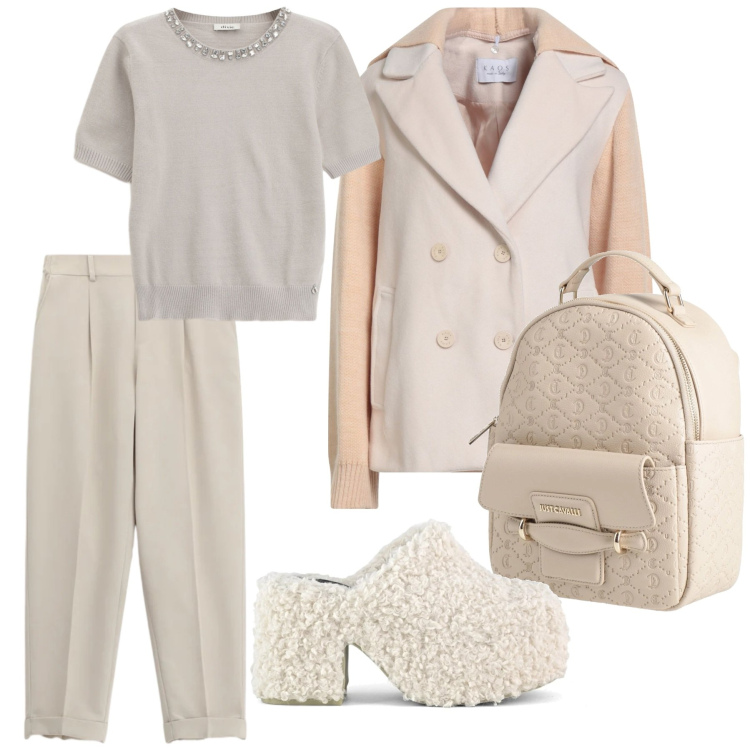 Outfit donna - Look chiaro. Stile Casual chic per Serata fuori. Abbinamento con caban, zaini, maglieria, pantaloni, sabot.