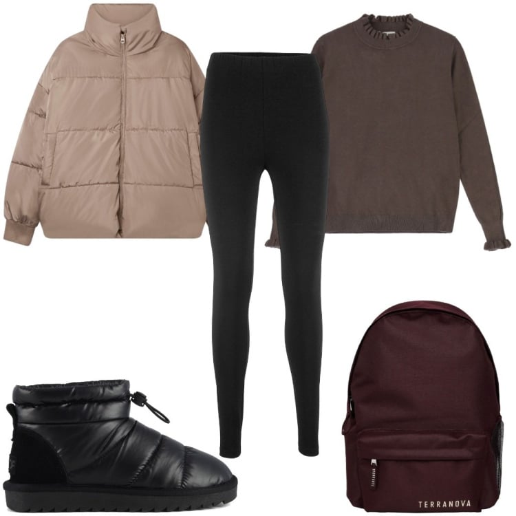 Outfit donna - Settimana bianca: sugli sci !. Stile Trendy per Sport. Abbinamento con leggings, bomber, zaini, maglieria, stivali.