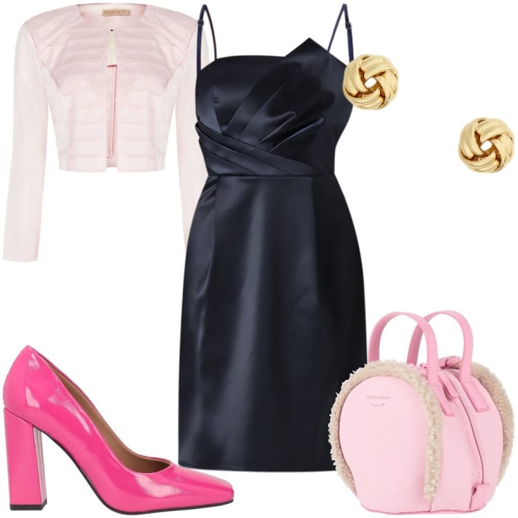 Outfit donna - Love is in the air: in rosa. Stile Romantica per Serata fuori. Abbinamento con zaini, décolleté, vestiti corti, bolero, orecchini.