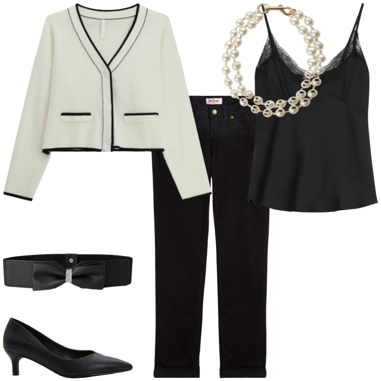 Outfit donna - Bon ton in ufficio. Stile Bon Ton per Ufficio. Abbinamento con jeans dritti, décolleté, cinture, cardigans, top, braccialetti.