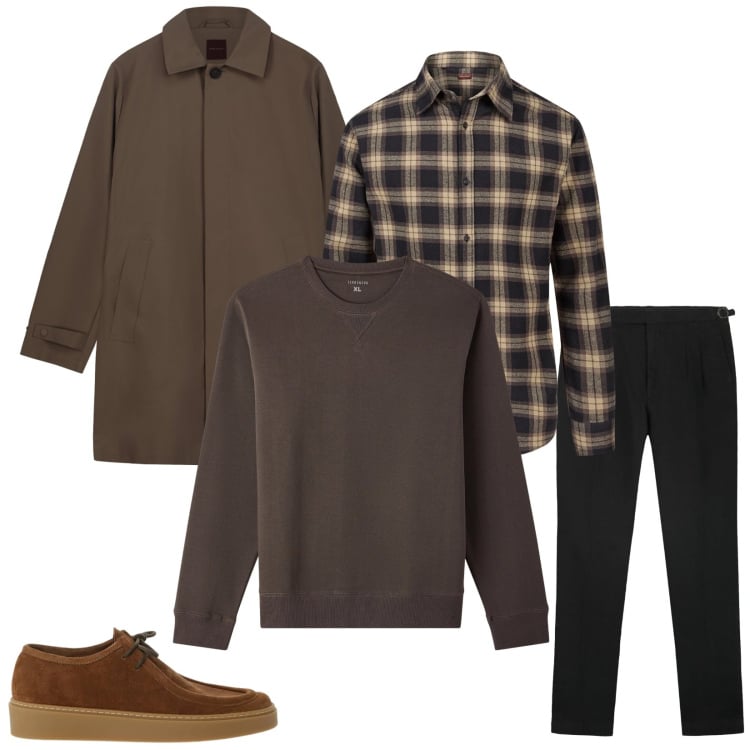 Outfit uomo - Total look #2338818. Stile Business/Elegante per Ufficio. Abbinamento con felpe, scarpe stringate, camicie, pantaloni, trench.