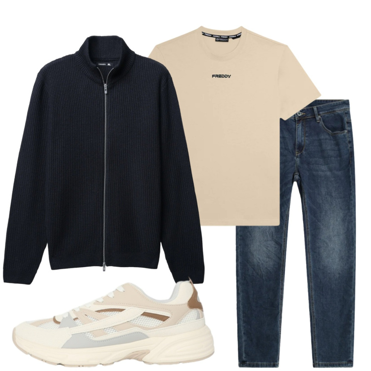 Outfit uomo - Total look #2338820. Stile Casual per Tutti i giorni. Abbinamento con jeans slim fit, t-shirt, cardigans, sneakers.