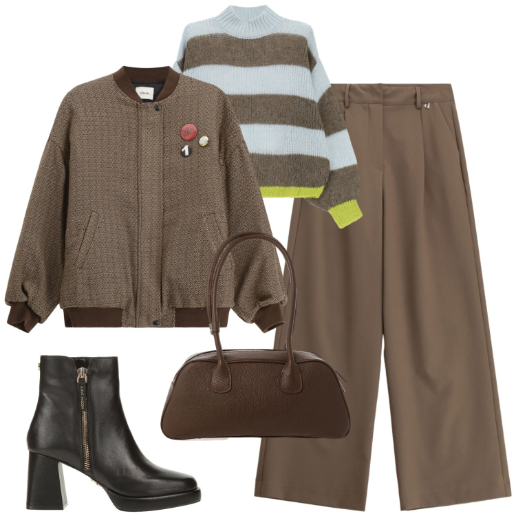 Outfit donna - Febbre. Stile Urban per Tutti i giorni. Abbinamento con stivaletti, pantaloni a palazzo, maglieria, bomber, borse a mano.