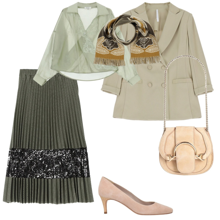 Outfit donna - Romantic febbraio. Stile Glamour per Ufficio. Abbinamento con marsupi, sciarpe, décolleté, blazer, gonne longuette, camicie.