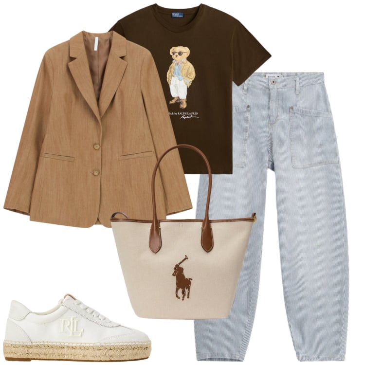 Outfit donna - Febbraio. Stile Casual chic per Tutti i giorni. Abbinamento con blazer, jeans, sneakers, t-shirt, borse tote.