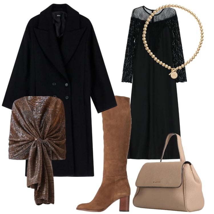 Outfit donna - Cena in Glamour. Stile Glamour per Serata fuori. Abbinamento con zaini, stivali, cappotti, vestiti lunghi, stole, collane.