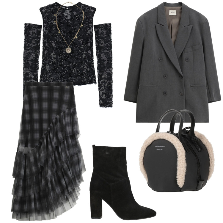 Outfit donna - Romantic febbraio. Stile Glamour per Serata fuori. Abbinamento con zaini, stivaletti, top, blazer, gonne longuette, ciondoli.