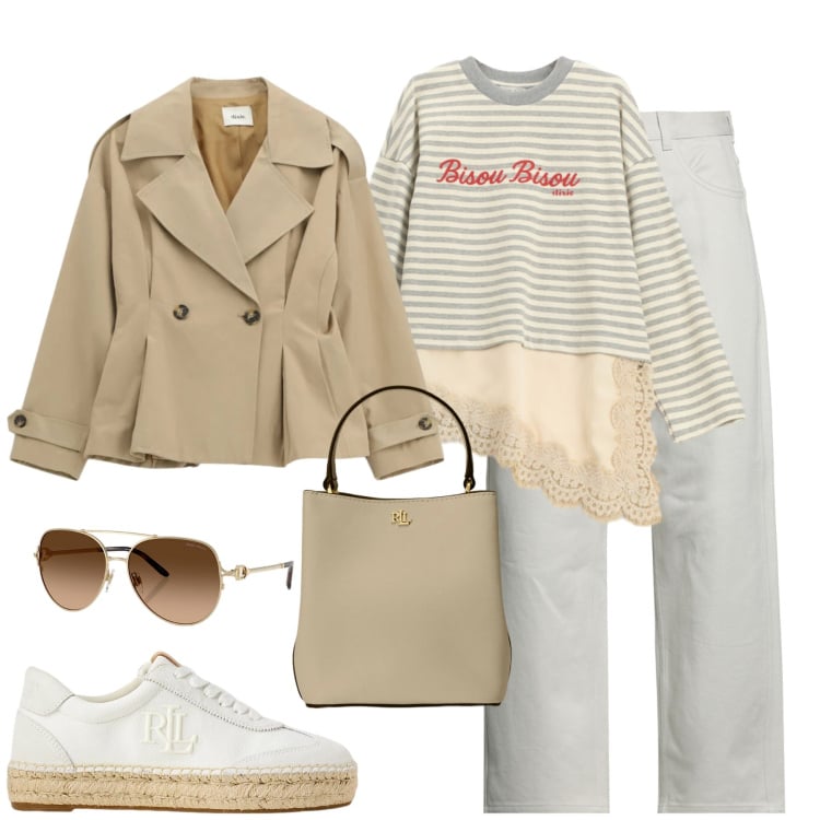Outfit donna - City. Stile Casual chic per Tutti i giorni. Abbinamento con pantaloni, blazer, t-shirt, sneakers, borse a secchiello, occhiali da sole.