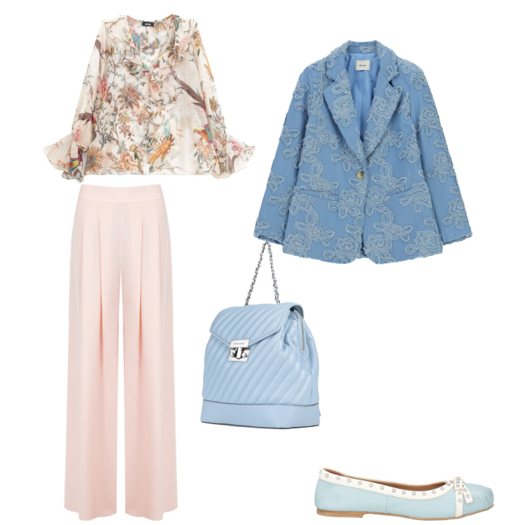 Outfit donna - Vento di primavera. Stile Glamour Abbinamento con ballerine, zaini, bluse, blazer, pantaloni a palazzo.