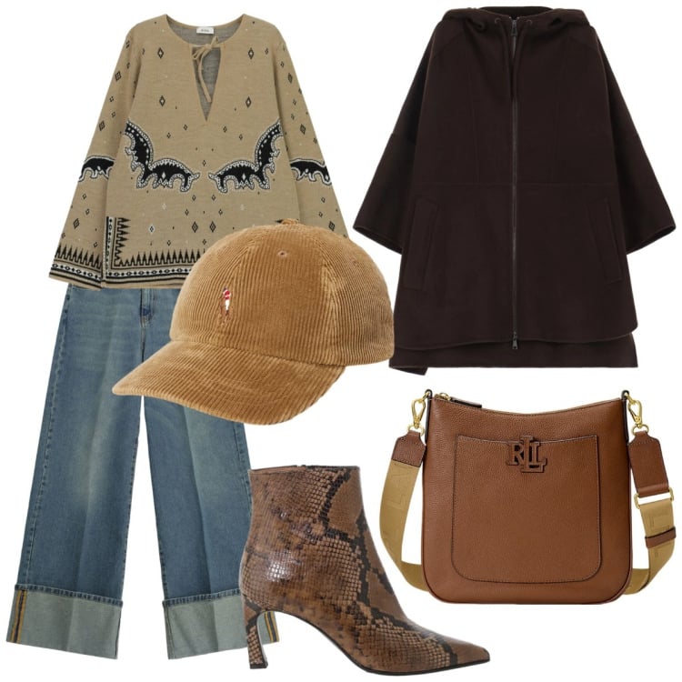 Outfit donna - Molto trendy. Stile Trendy per Ufficio. Abbinamento con stivaletti, cappotti, maglieria, jeans, borse a tracolla, cappelli con visiera.