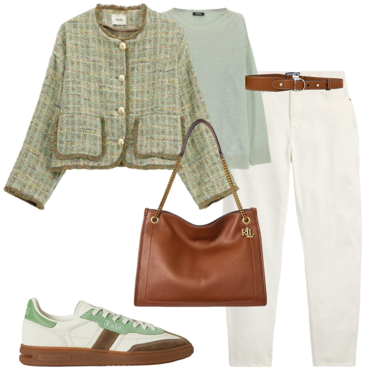 Outfit donna - Latte e menta. Stile Casual chic per Tutti i giorni. Abbinamento con blazer, maglieria, jeans, borse tote, cinture, sneakers.