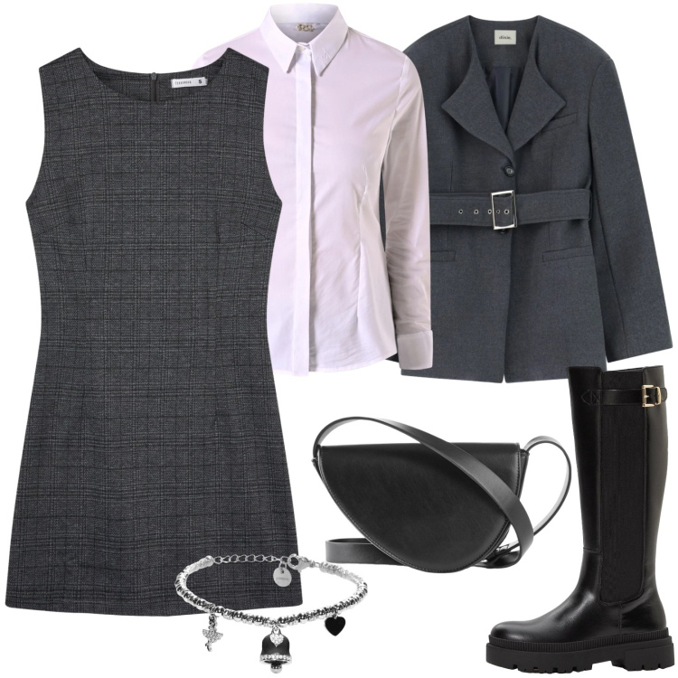 Outfit donna - Total look #2338835. Stile Casual per Tutti i giorni. Abbinamento con stivali, borse a tracolla, cappotti, vestiti senza maniche, camicie, braccialetti.
