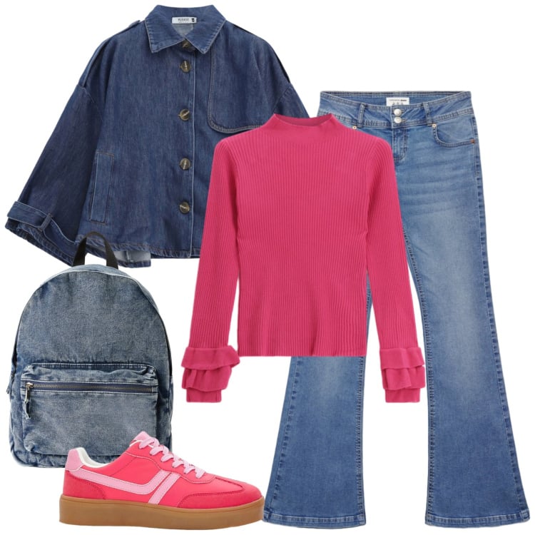 Outfit donna - Ufficio giovane e vivace. Stile Casual per Ufficio. Abbinamento con sneakers, jeans a zampa, zaini, maglieria, blazer.