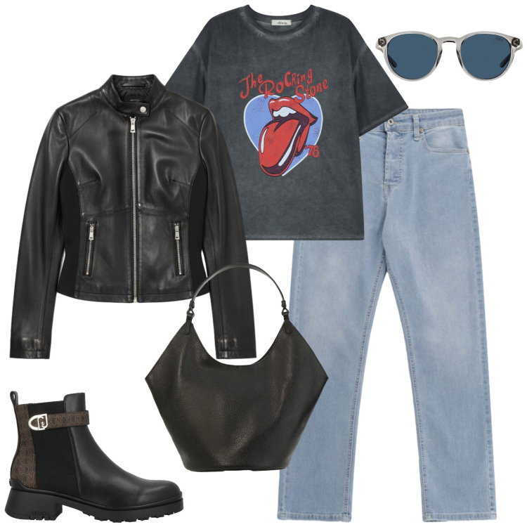 Outfit donna - City. Stile Rock per Tutti i giorni. Abbinamento con stivaletti chelsea, borse a spalla, t-shirt, jeans, giacche, occhiali da sole.