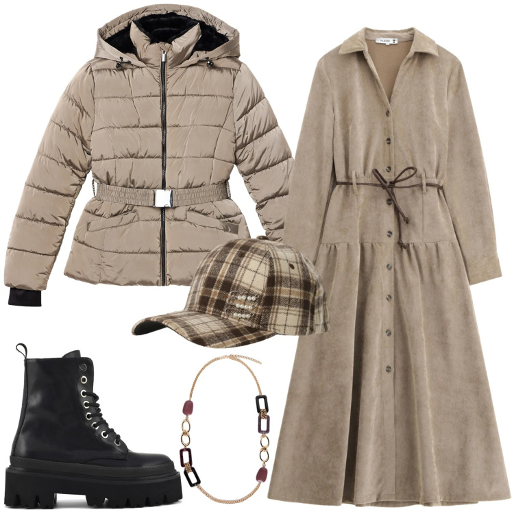 Outfit donna - Total look #2338843. Stile Urban per Tutti i giorni. Abbinamento con piumini, collane, cappelli con visiera, vestiti lunghi, anfibi.